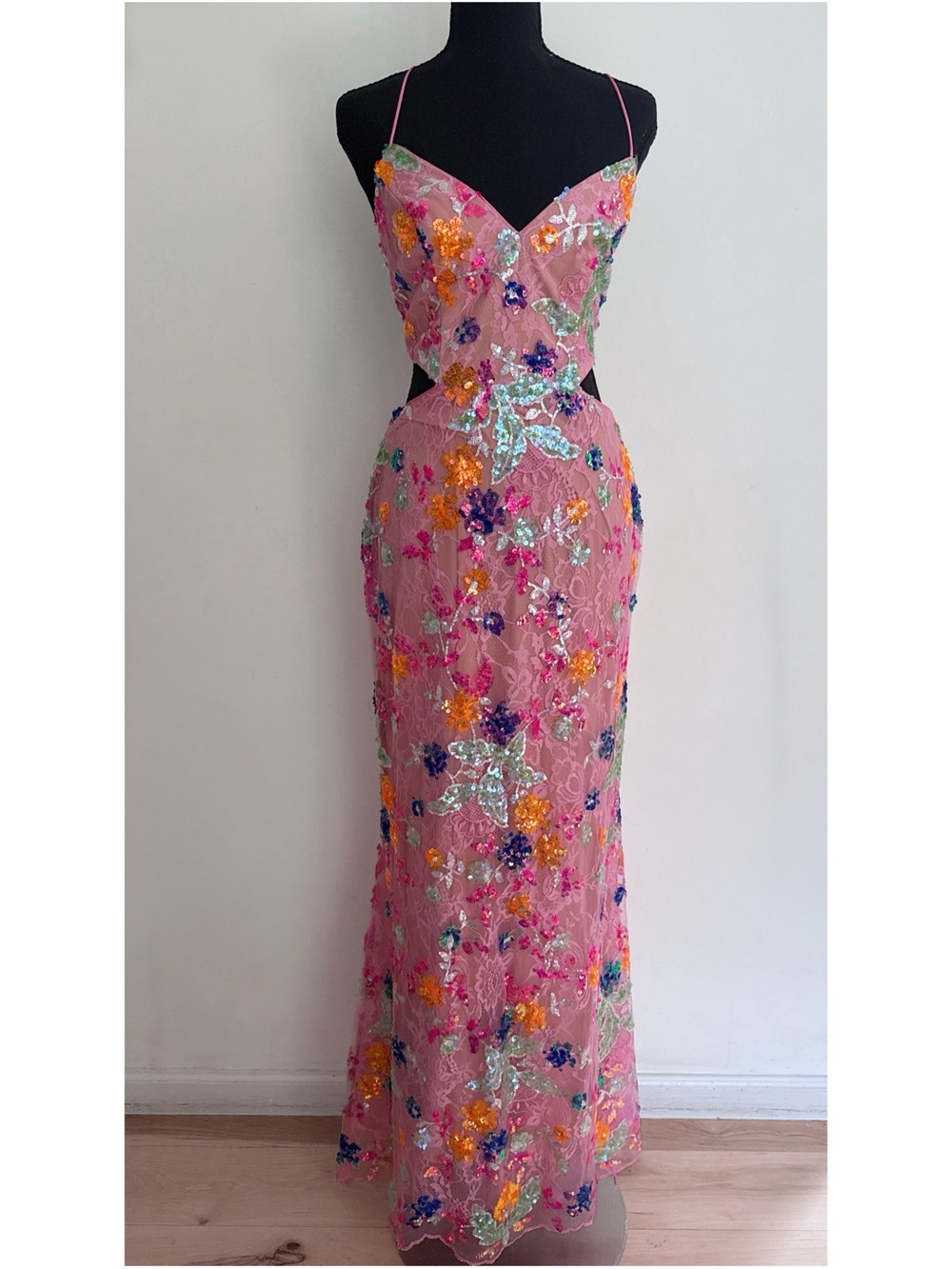 Mac Duggal Pink Floral Sequin Backless Lace-Up Evening Gown Maxi Beaded Dress 6 - Picture 2 of 12